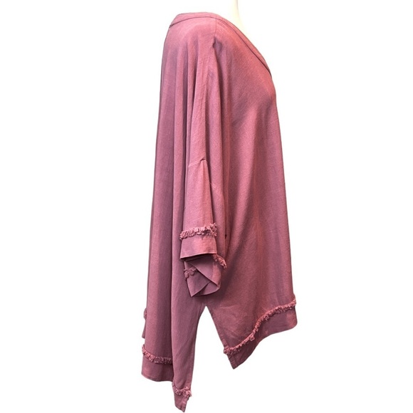 WHITE Birch Ladies Plus Size Fringe Trim Cotton /Linen Hi-Lo Hem V-Neck Top 3X - Picture 3 of 6